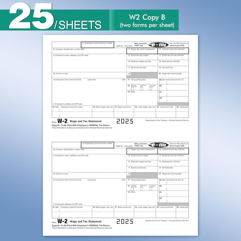 Yeplan W2 Tax Forms 2025 with Envelopes, 6 Part Tax Forms 2025, 50 Employee Kit of Laser Forms with 3 W3, with 50 Self Seal Envelopes - Image 3